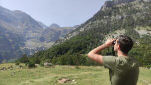 Persona contemplando un paisaje montañoso en primavera, rodeada de naturaleza