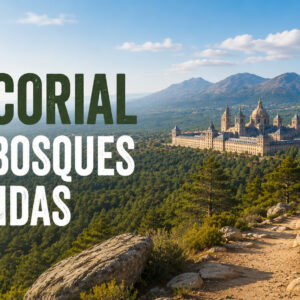 Vista panorámica de la Sierra de Guadarrama y el Monasterio de El Escorial desde un sendero de montaña durante la ruta El Escorial entre Bosques y Leyendas.