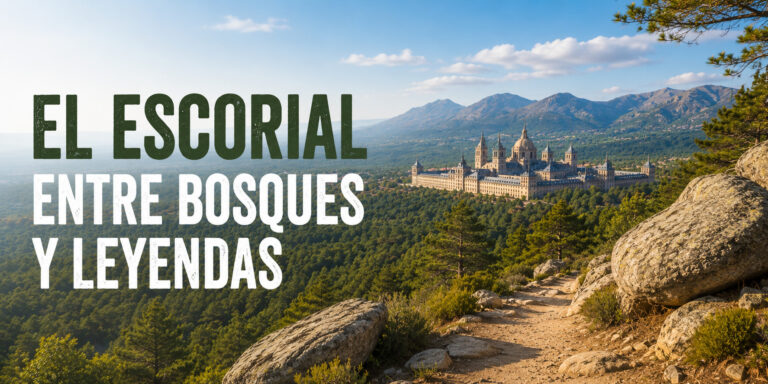 Vista panorámica de la Sierra de Guadarrama y el Monasterio de El Escorial desde un sendero de montaña durante la ruta El Escorial entre Bosques y Leyendas.
