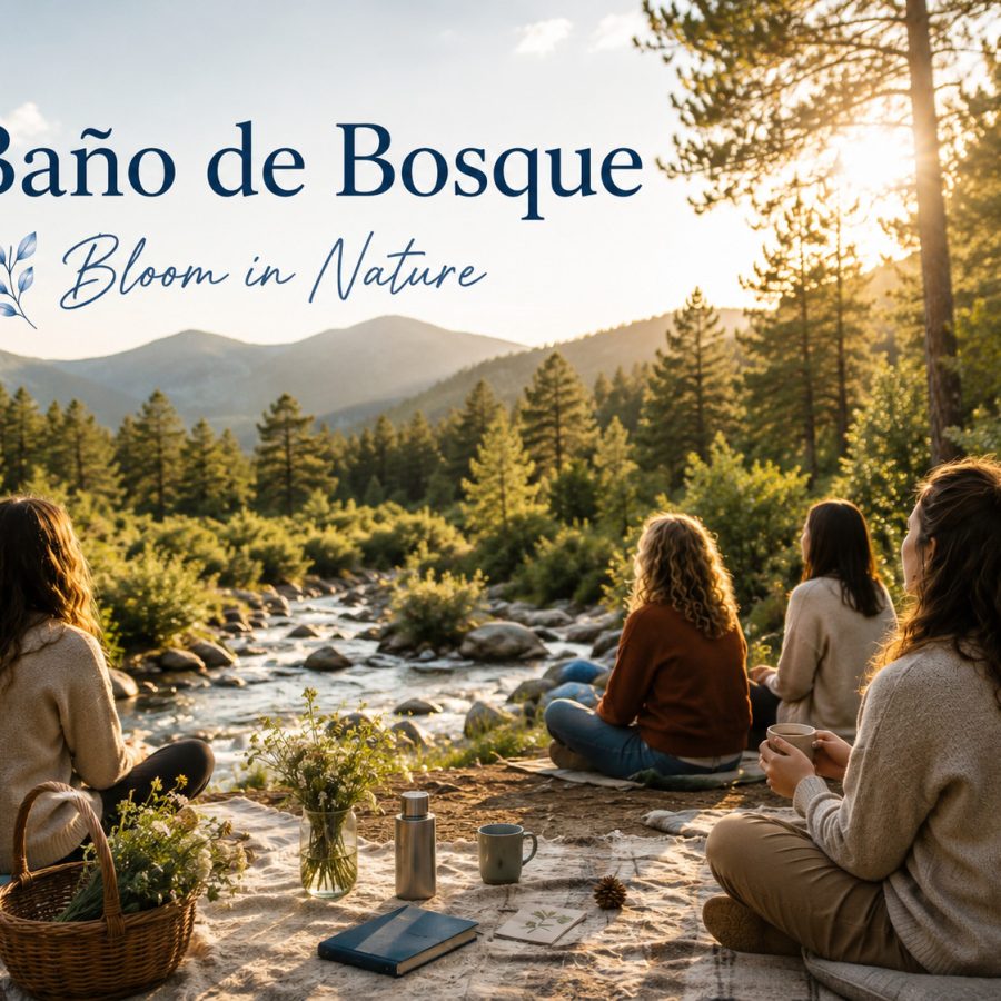 Imagen. Personas disfrutando de una experiencia de baño de bosque junto a un río en la Sierra de Guadarrama durante el atardecer.