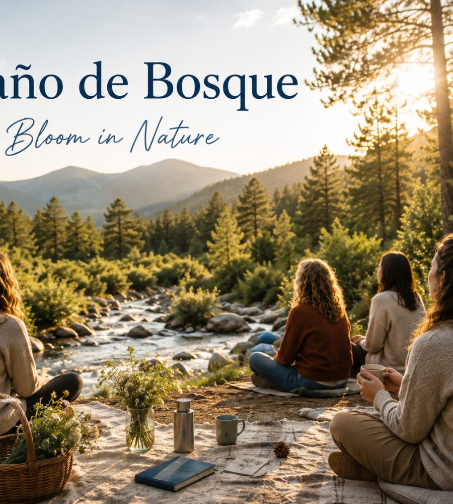 Imagen. Personas disfrutando de una experiencia de baño de bosque junto a un río en la Sierra de Guadarrama durante el atardecer.